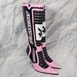 Dolls Kill Playboy 11 Pink Black Playmate Moto Stiletto Boots Vegan Leather NIB